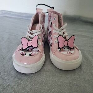 Disney Kids Pink Minnie Mouse High Top Sneakers Zip‎ Closure Bow Detail